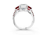 White gold Three-Stone Asscher Cut Diamond Ring with Round with Ruby side stone Pavé Band and Prong Setting_3