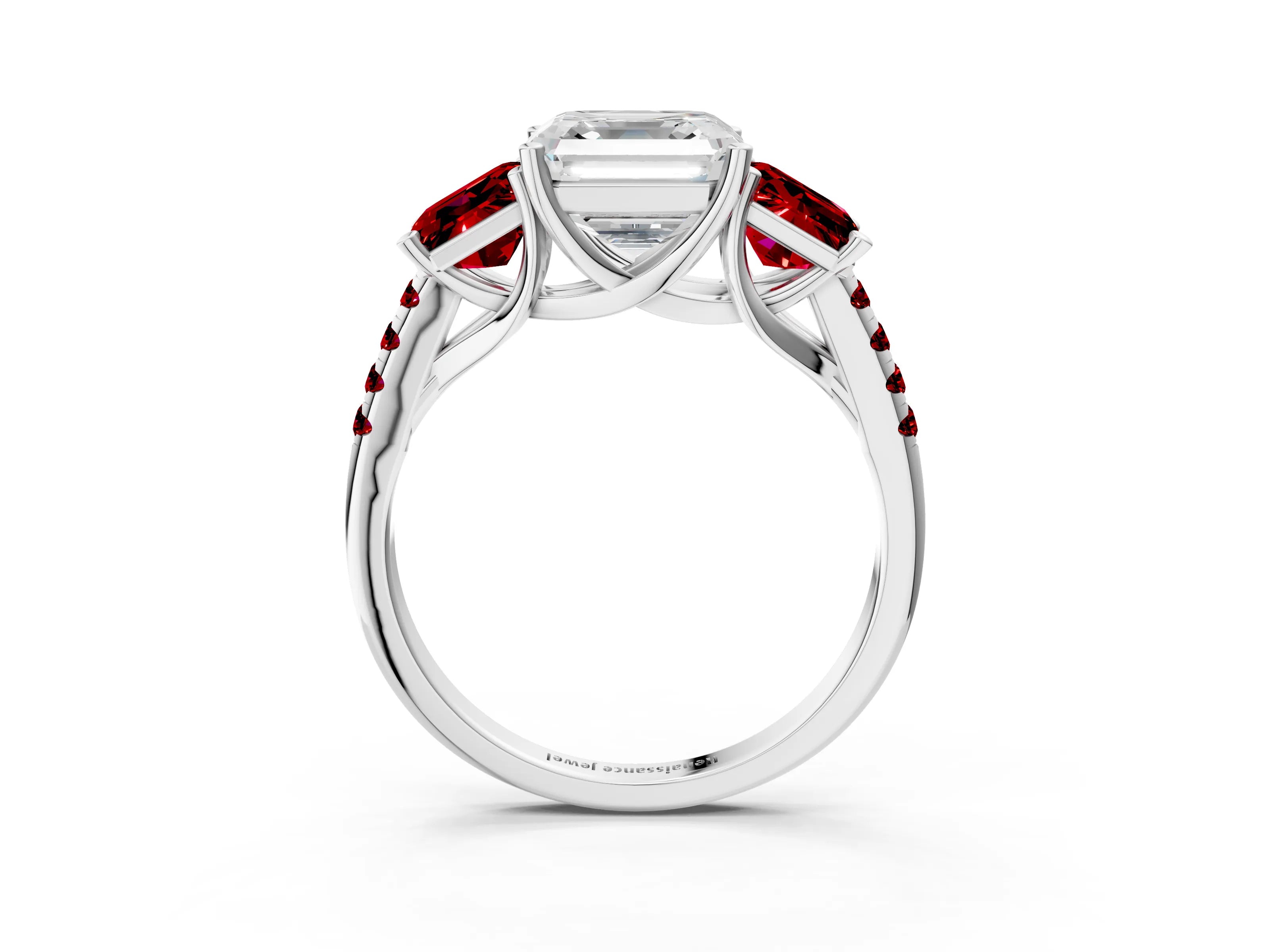 White gold Three-Stone Asscher Cut Diamond Ring with Round with Ruby side stone Pavé Band and Prong Setting_3