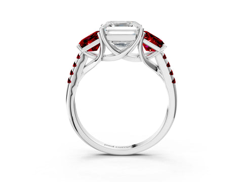 White gold Three-Stone Asscher Cut Diamond Ring with Round with Ruby side stone Pavé Band and Prong Setting_3