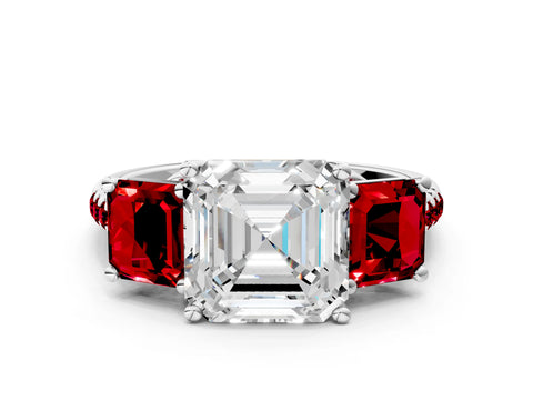 White gold Three-Stone Asscher Cut Diamond Ring with Round with Ruby side stone Pavé Band and Prong Setting
