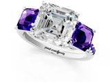 White gold Three-Stone Asscher Cut Diamond Ring with Round with Tanzanite side stone Pavé Band and Prong Setting_1