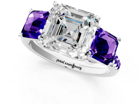 White gold Three-Stone Asscher Cut Diamond Ring with Round with Tanzanite side stone Pavé Band and Prong Setting_1