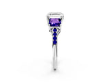White gold Three-Stone Asscher Cut Diamond Ring with Round with Tanzanite side stone Pavé Band and Prong Setting_2