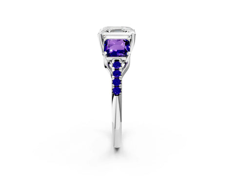 White gold Three-Stone Asscher Cut Diamond Ring with Round with Tanzanite side stone Pavé Band and Prong Setting_2