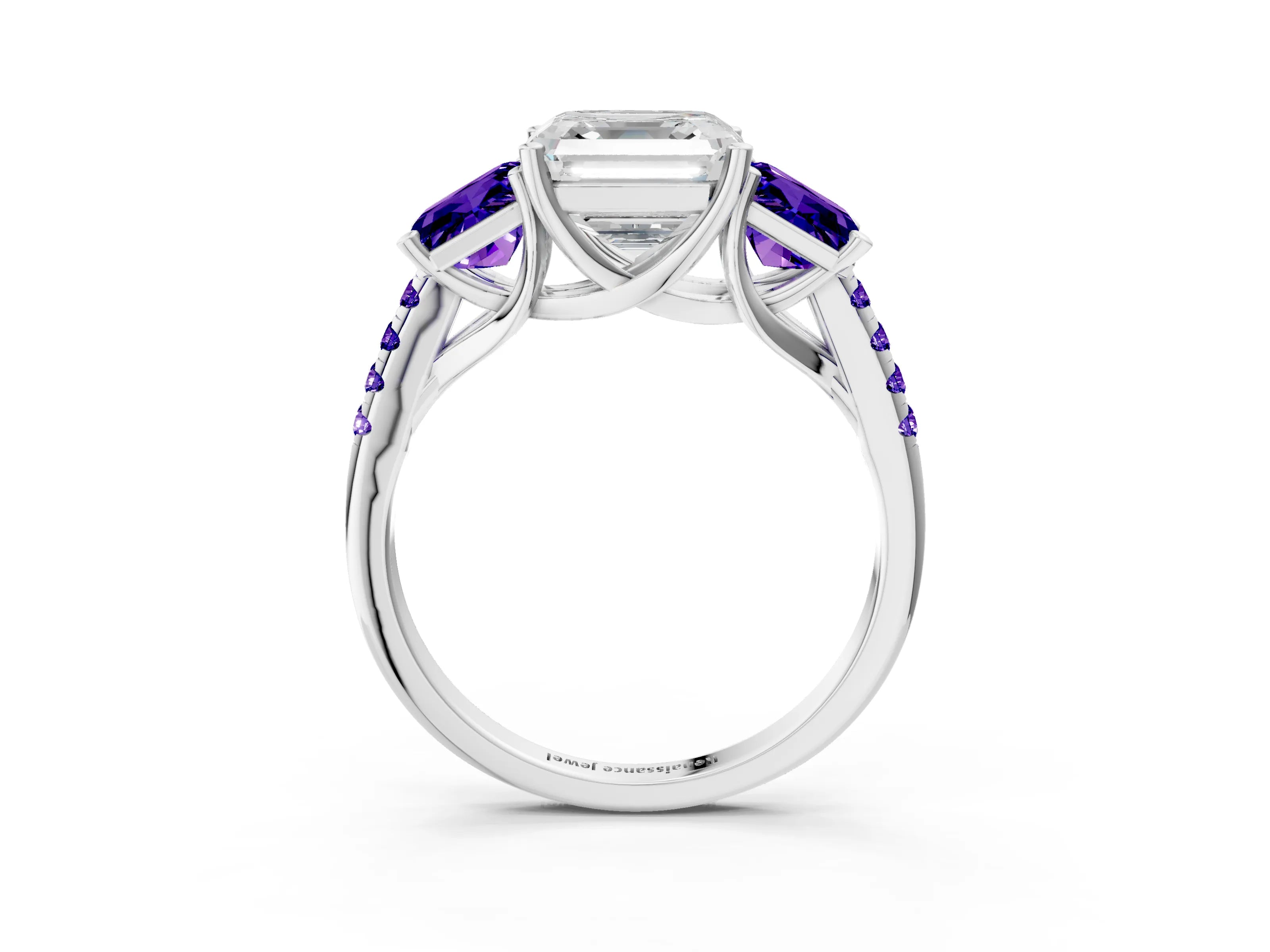 White gold Three-Stone Asscher Cut Diamond Ring with Round with Tanzanite side stone Pavé Band and Prong Setting_3