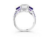 White gold Three-Stone Asscher Cut Diamond Ring with Round with Tanzanite side stone Pavé Band and Prong Setting_3