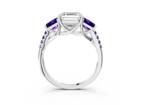 White gold Three-Stone Asscher Cut Diamond Ring with Round with Tanzanite side stone Pavé Band and Prong Setting_3
