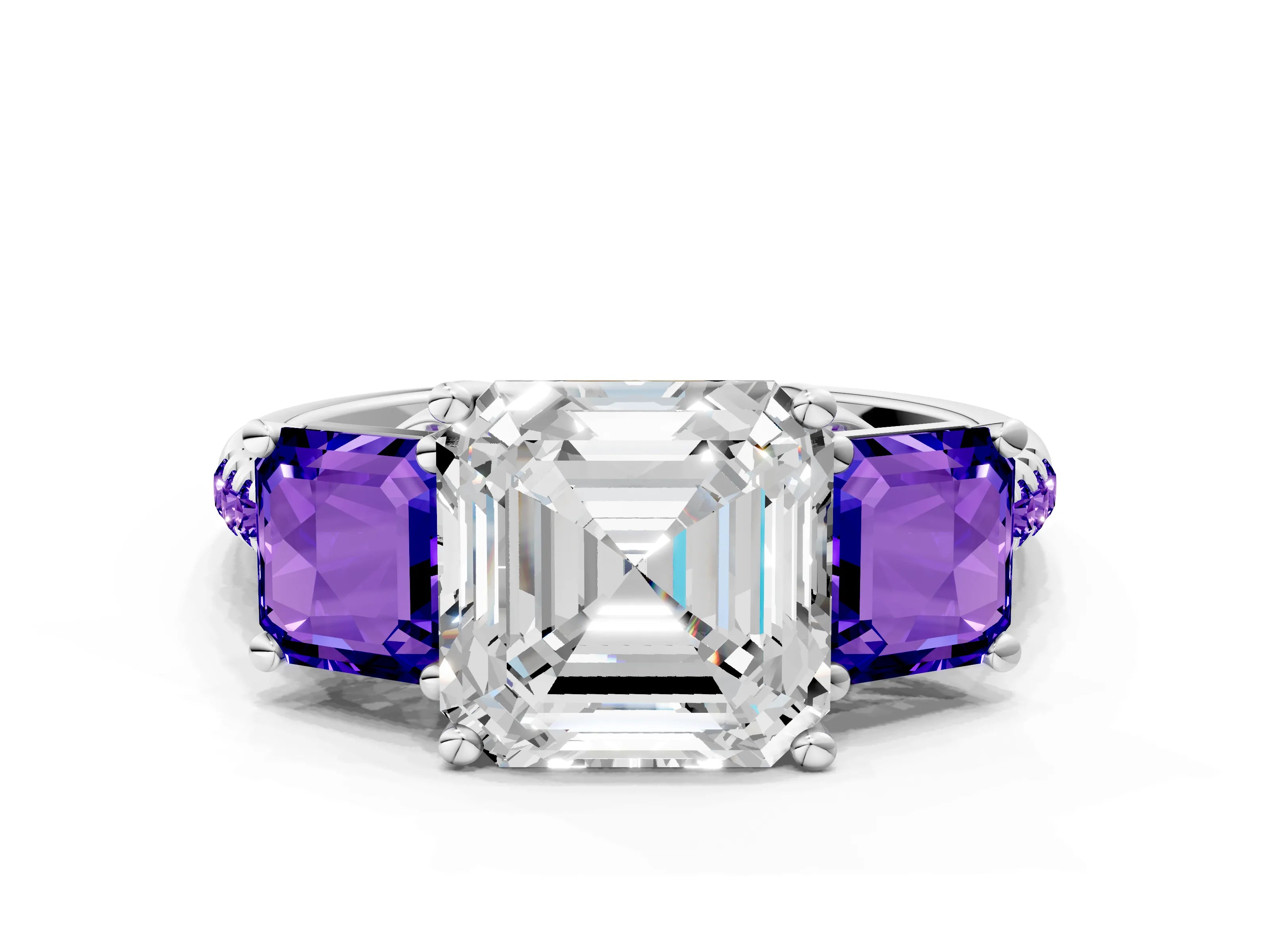 White gold Three-Stone Asscher Cut Diamond Ring with Round with Tanzanite side stone Pavé Band and Prong Setting