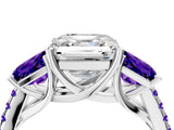 White gold Three-Stone Asscher Cut Diamond Ring with Round with Tanzanite side stone Pavé Band and Prong Setting_4