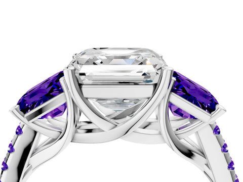 White gold Three-Stone Asscher Cut Diamond Ring with Round with Tanzanite side stone Pavé Band and Prong Setting_4