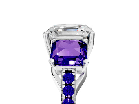 White gold Three-Stone Asscher Cut Diamond Ring with Round with Tanzanite side stone Pavé Band and Prong Setting_5