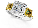 White gold Three-Stone Asscher Cut Diamond Ring with Round with Yellow Sapphire side stone Pavé Band and Prong Setting_1