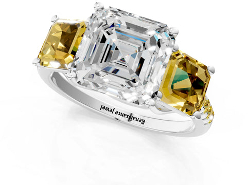 White gold Three-Stone Asscher Cut Diamond Ring with Round with Yellow Sapphire side stone Pavé Band and Prong Setting_1