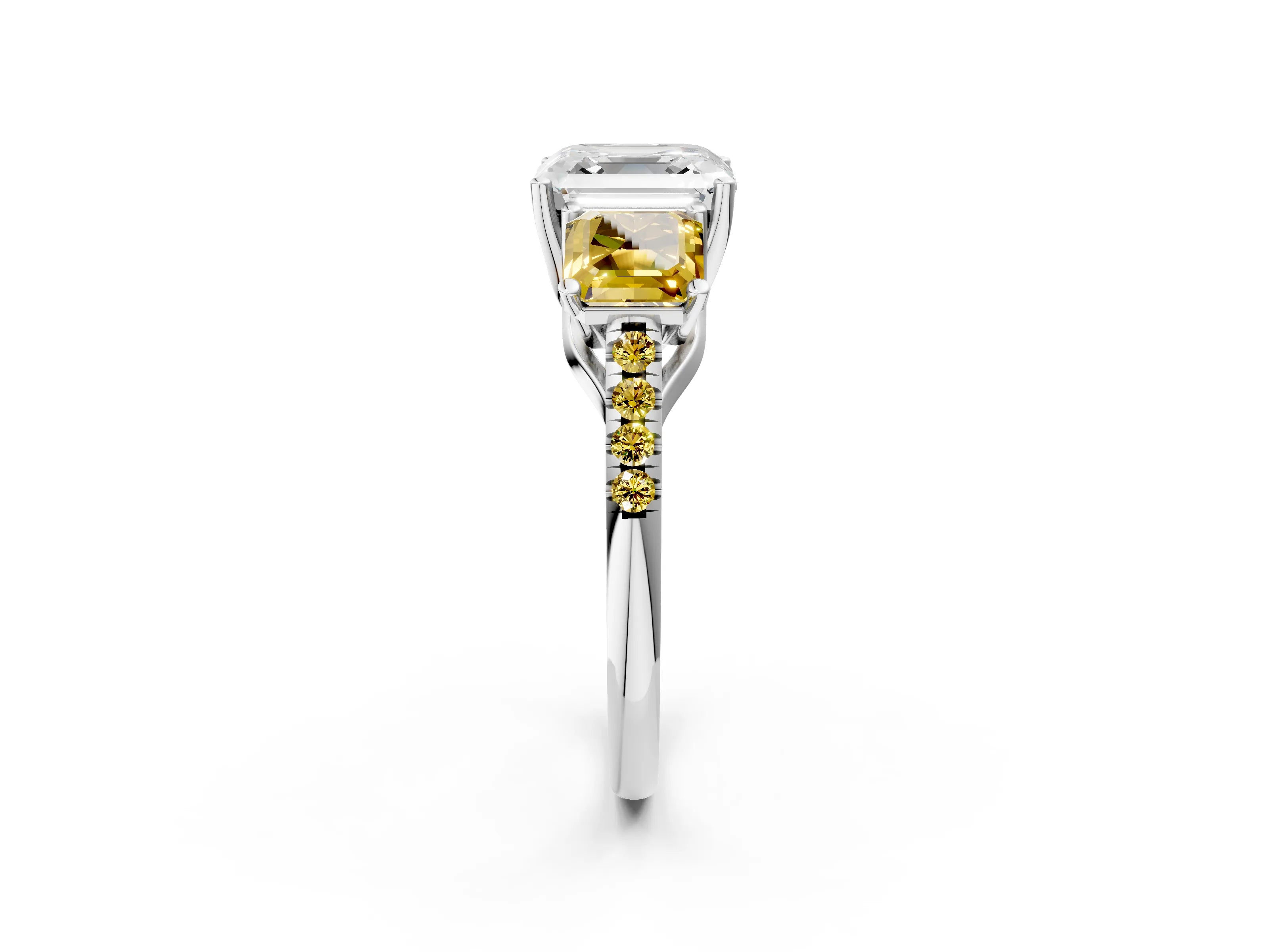 White gold Three-Stone Asscher Cut Diamond Ring with Round with Yellow Sapphire side stone Pavé Band and Prong Setting_2