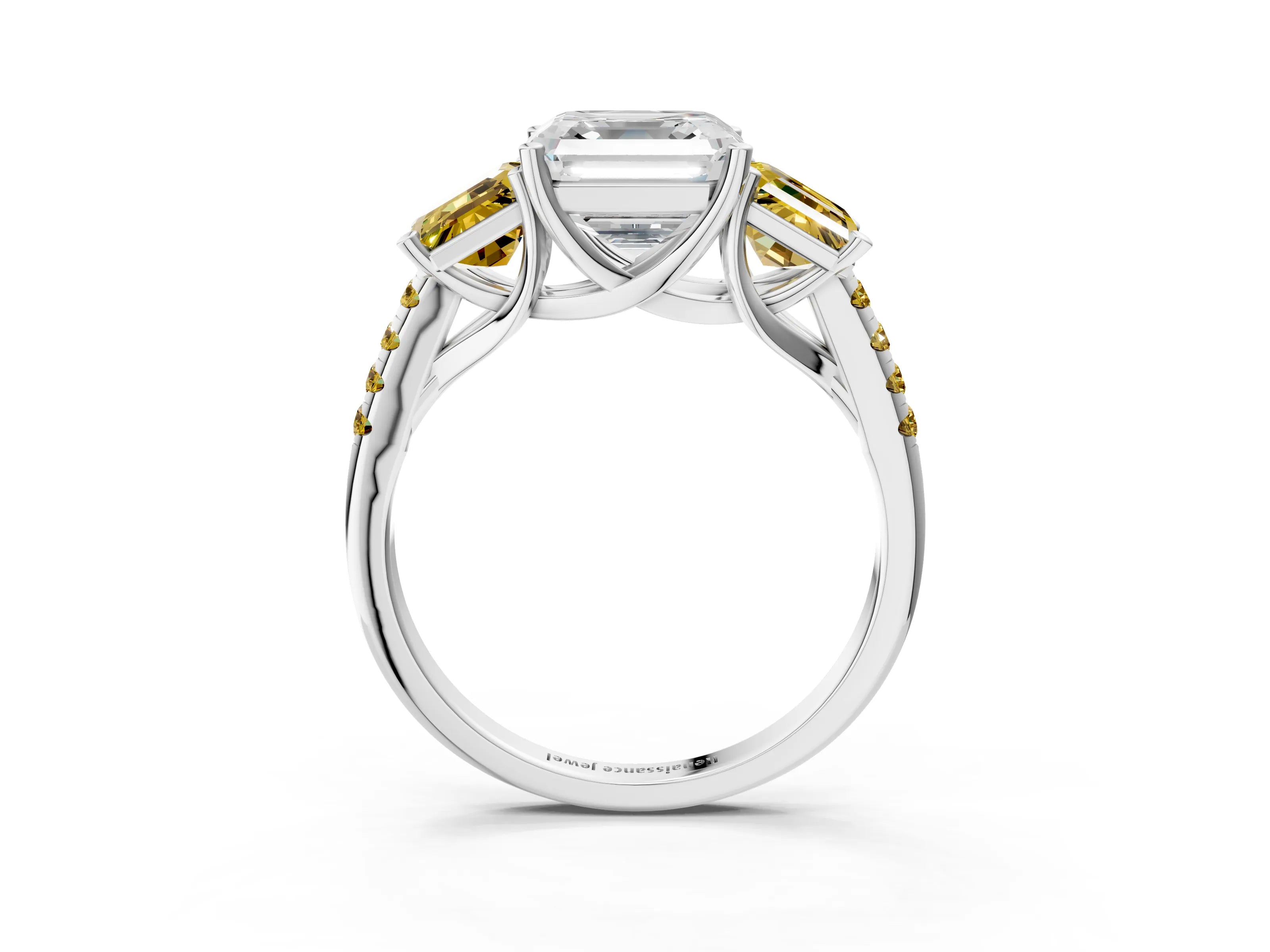 White gold Three-Stone Asscher Cut Diamond Ring with Round with Yellow Sapphire side stone Pavé Band and Prong Setting_3