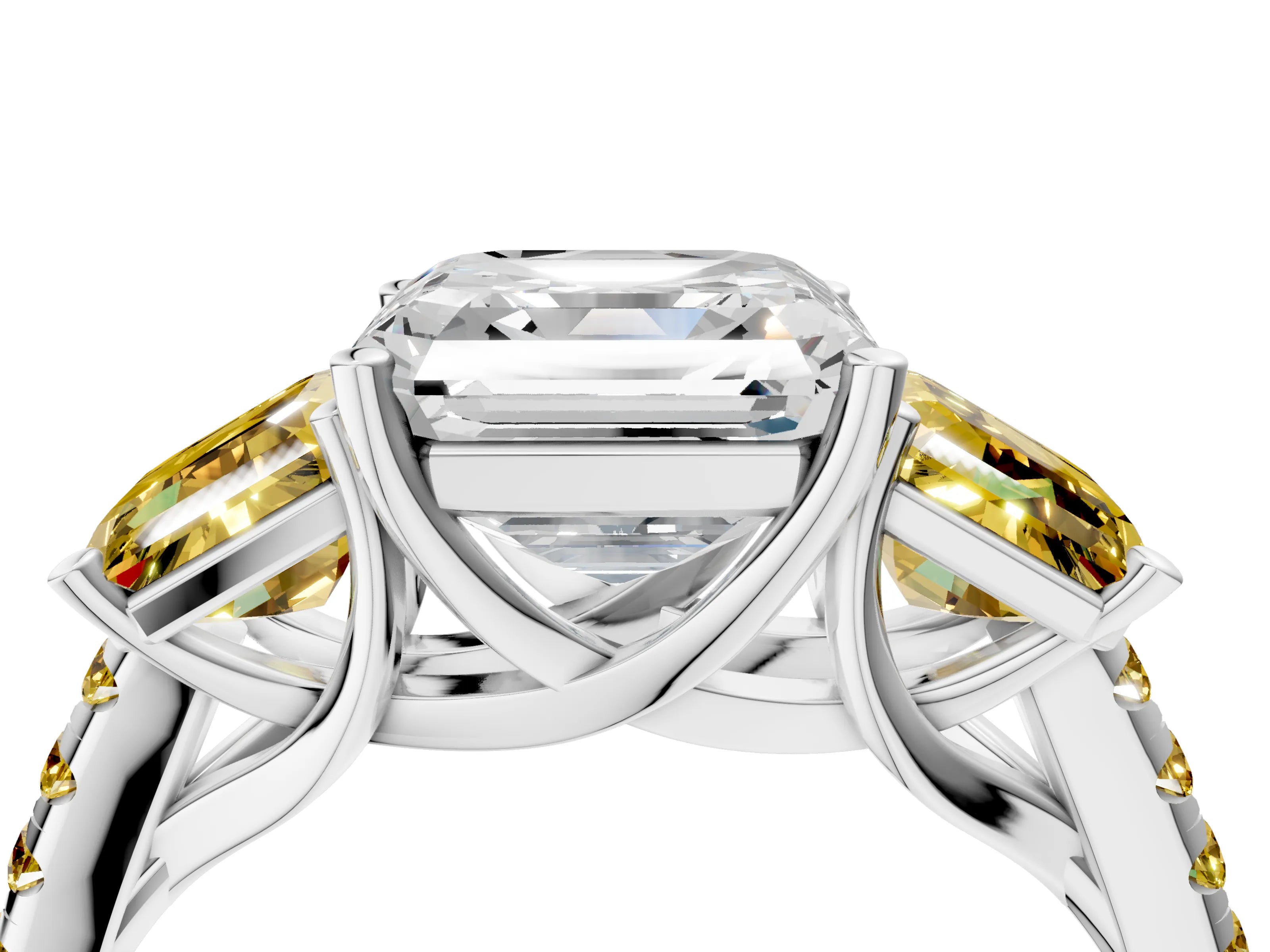 White gold Three-Stone Asscher Cut Diamond Ring with Round with Yellow Sapphire side stone Pavé Band and Prong Setting_4