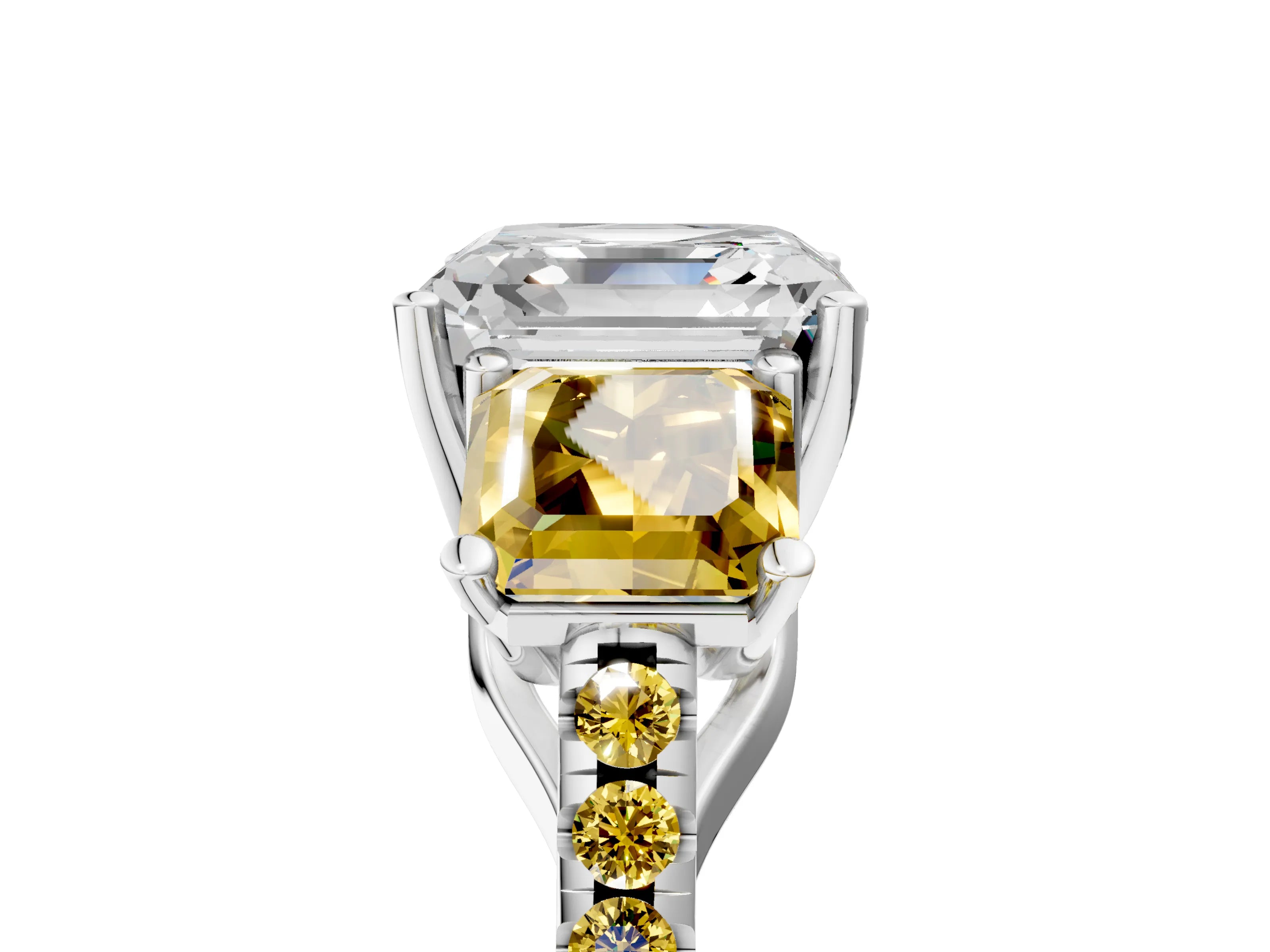 White gold Three-Stone Asscher Cut Diamond Ring with Round with Yellow Sapphire side stone Pavé Band and Prong Setting_5