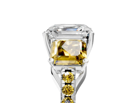 White gold Three-Stone Asscher Cut Diamond Ring with Round with Yellow Sapphire side stone Pavé Band and Prong Setting_5