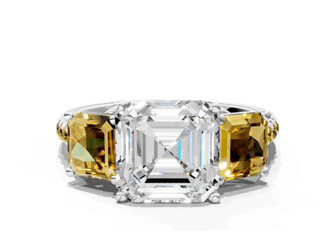 White gold Three-Stone Asscher Cut Diamond Ring with Round with Yellow Sapphire side stone Pavé Band and Prong Setting