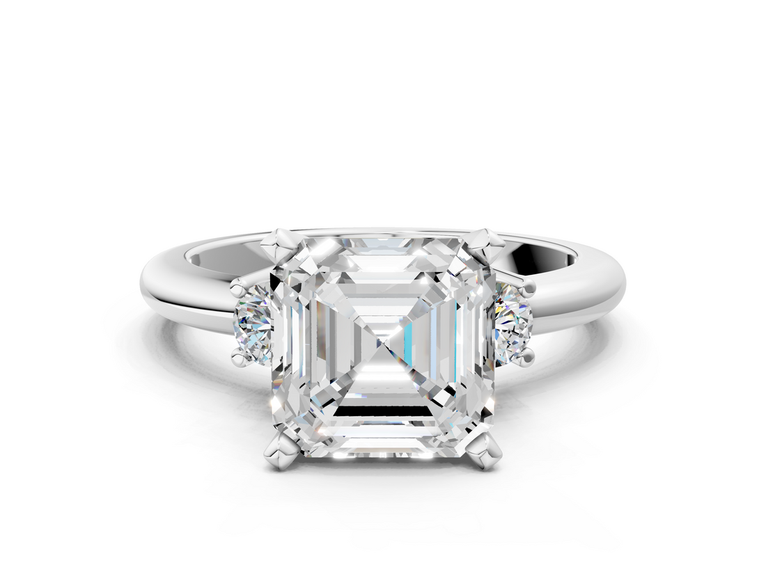 White gold Three-Stone Asscher Cut Diamond Solitaire with Prong Setting and Classic Band_7