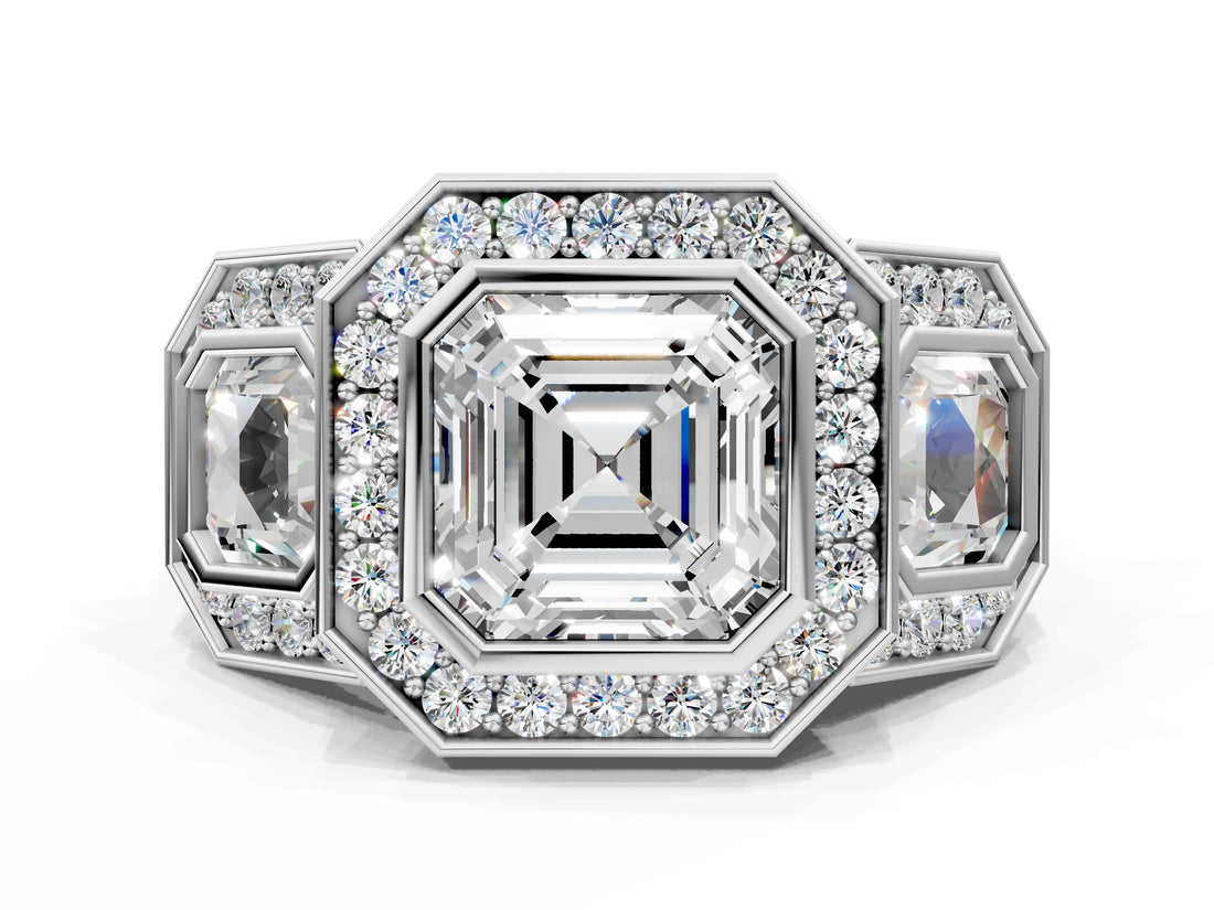 White gold Three-Stone Asscher Cut Halo Pavé Diamond Ring_7