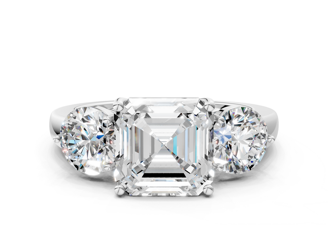 White gold Three-Stone Asscher Cut Solitaire Ring with Prong Setting on a Classic Band_41