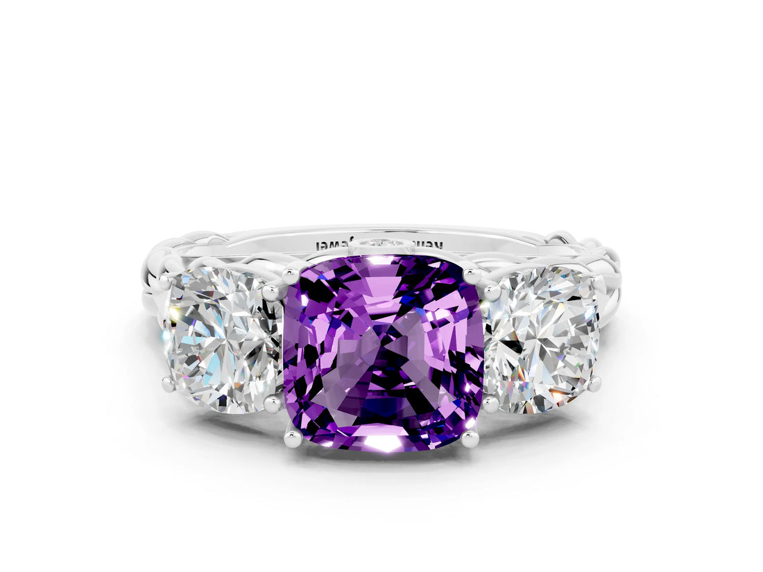 White gold Three-Stone Cushion Cut Amethyst Braided Band Ring with Four-Prong Setting_12