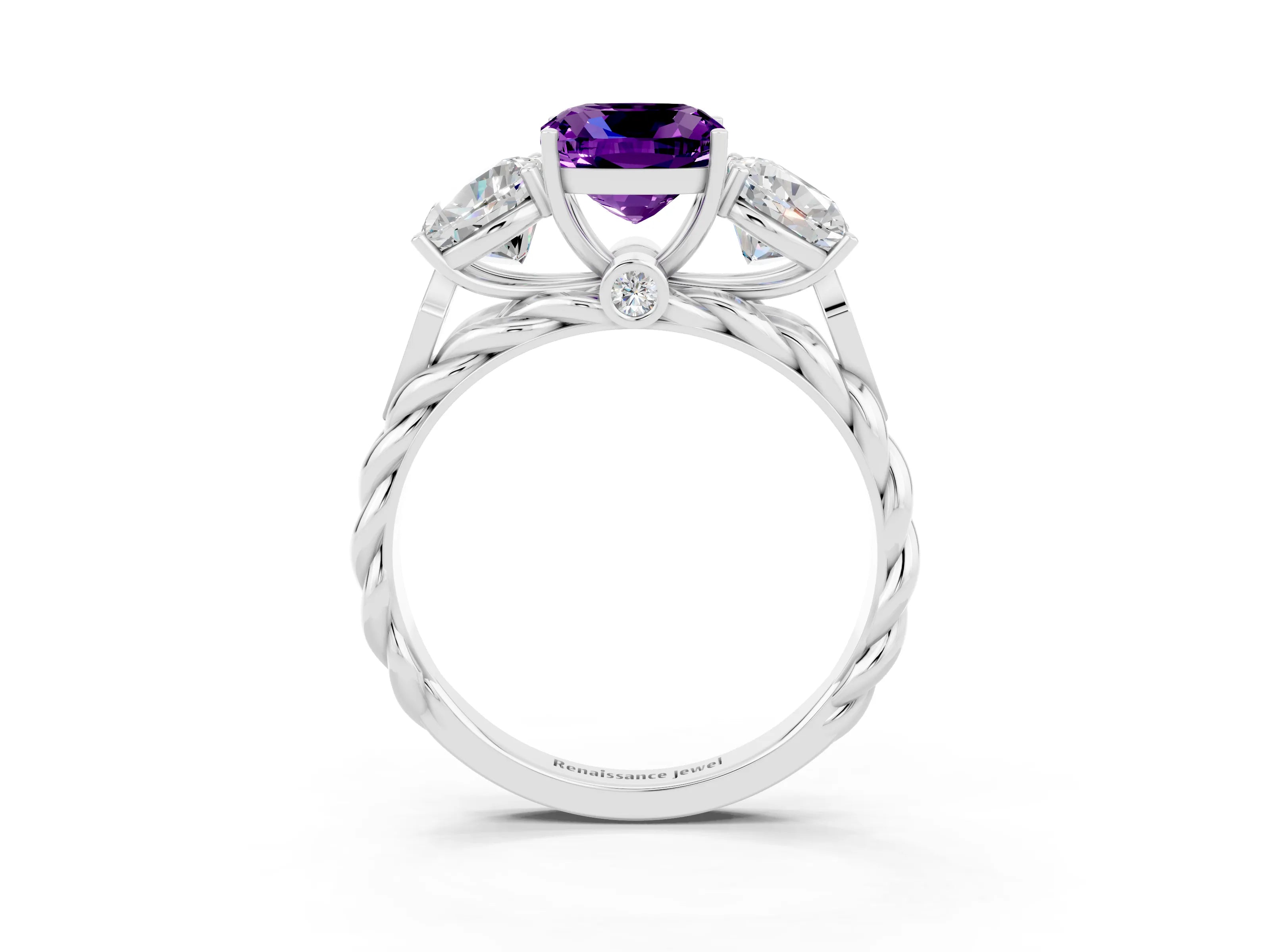 White gold Three-Stone Cushion Cut Amethyst Braided Band Ring with Four-Prong Setting_15