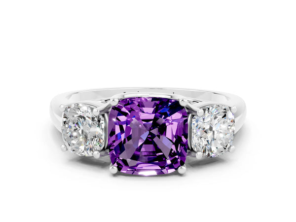 Platinum Three-Stone Cushion Cut Amethyst Engagement Ring with Prong Setting