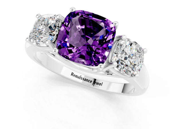 White gold Three-Stone Cushion Cut Amethyst Engagement Ring with Prong Setting