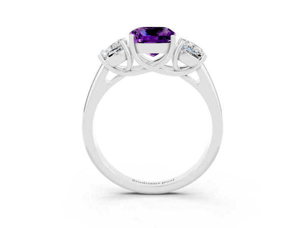 White gold Three-Stone Cushion Cut Amethyst Engagement Ring with Prong Setting