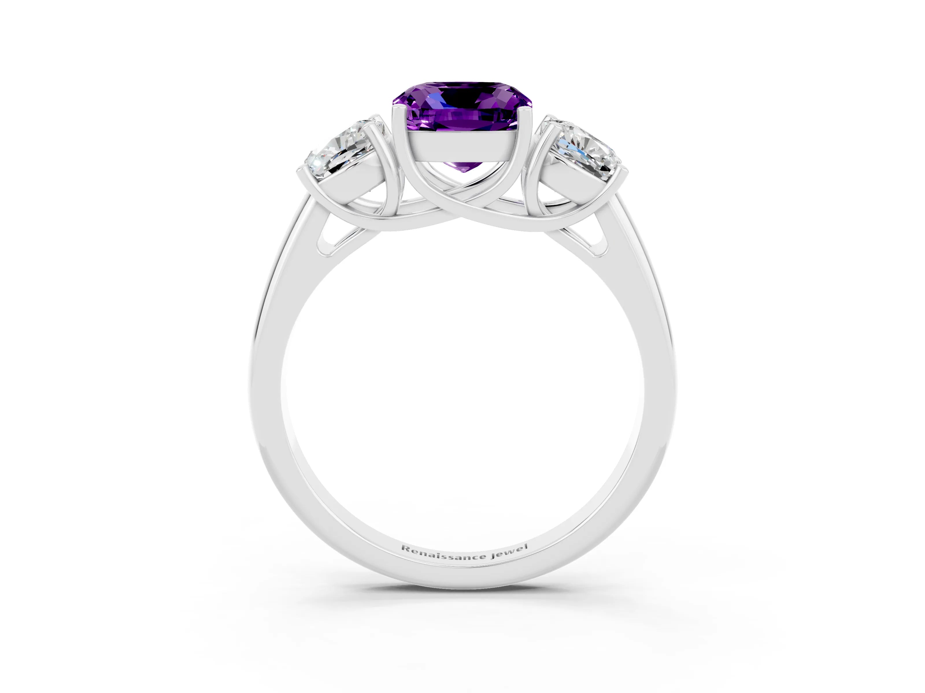 White gold Three-Stone Cushion Cut Amethyst Engagement Ring with Prong Setting_3