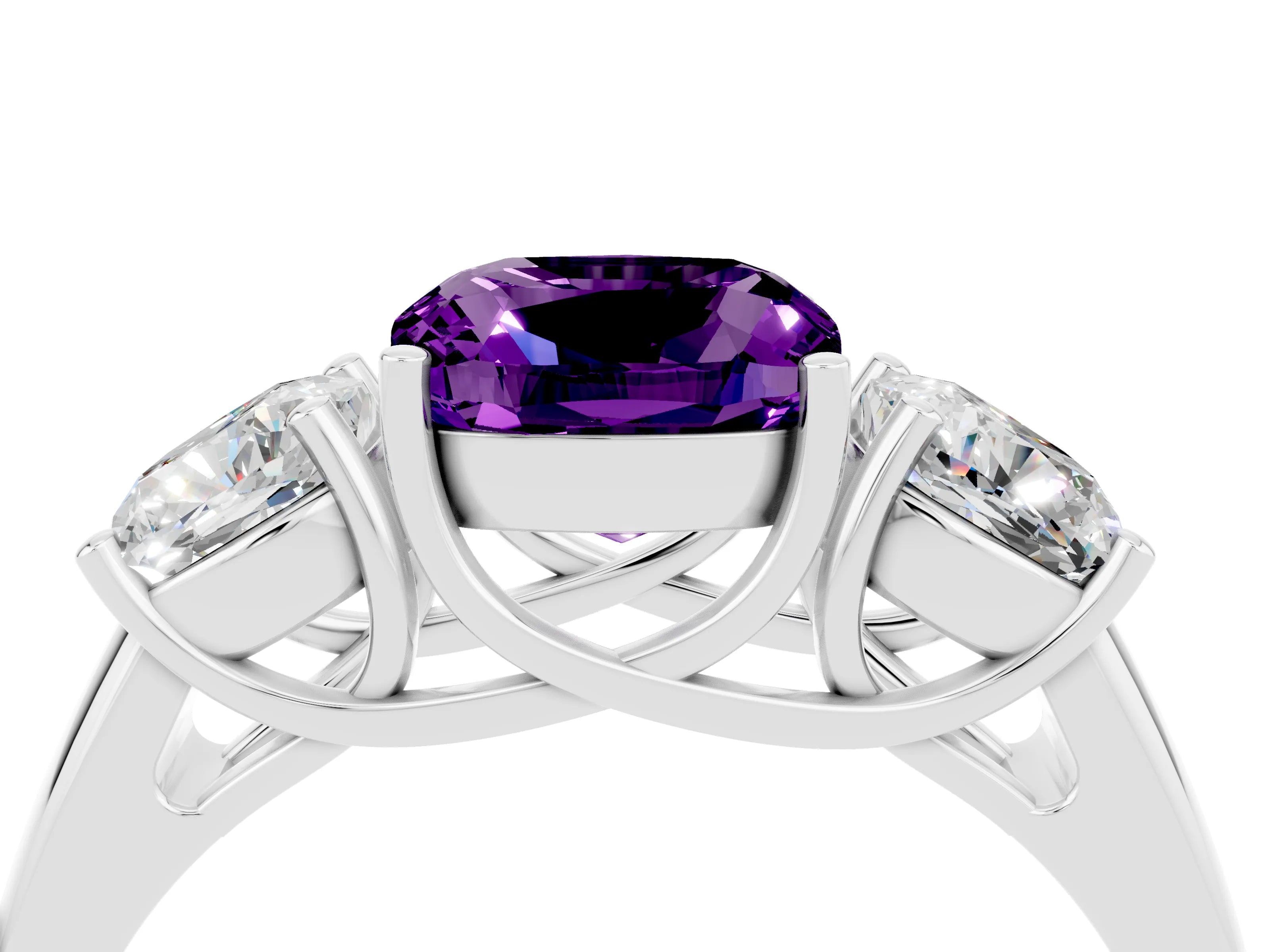 White gold Three-Stone Cushion Cut Amethyst Engagement Ring with Prong Setting_4