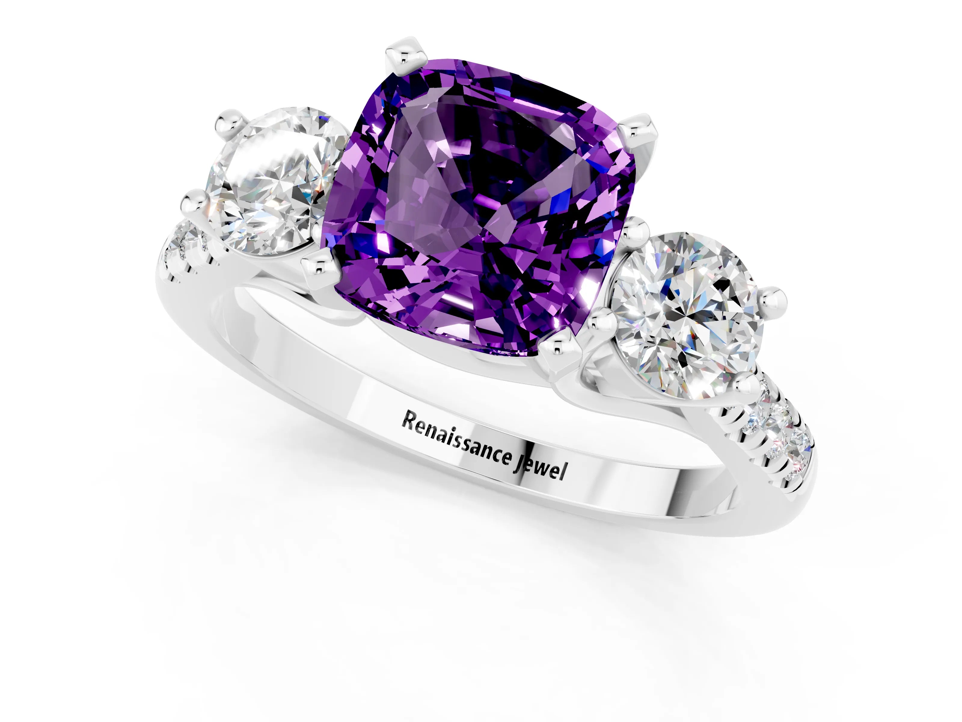 White gold Three-Stone Cushion Cut Amethyst Pavé Band with Four-Prong Setting_1