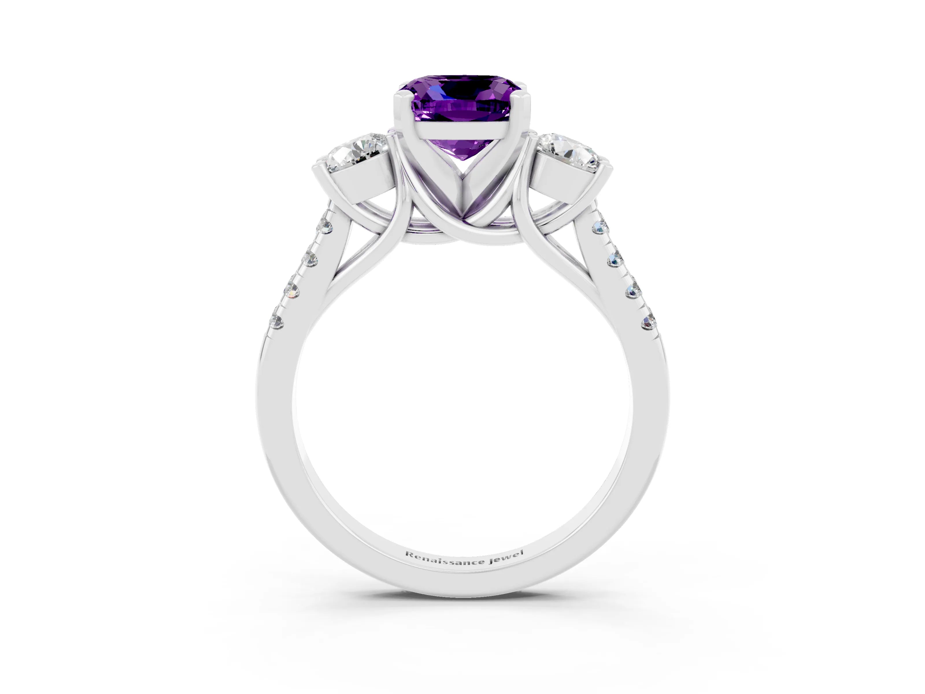 White gold Three-Stone Cushion Cut Amethyst Pavé Band with Four-Prong Setting_3