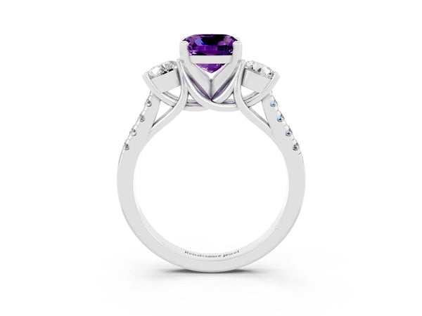 Silver Three-Stone Cushion Cut Amethyst Pavé Band with Four-Prong Setting
