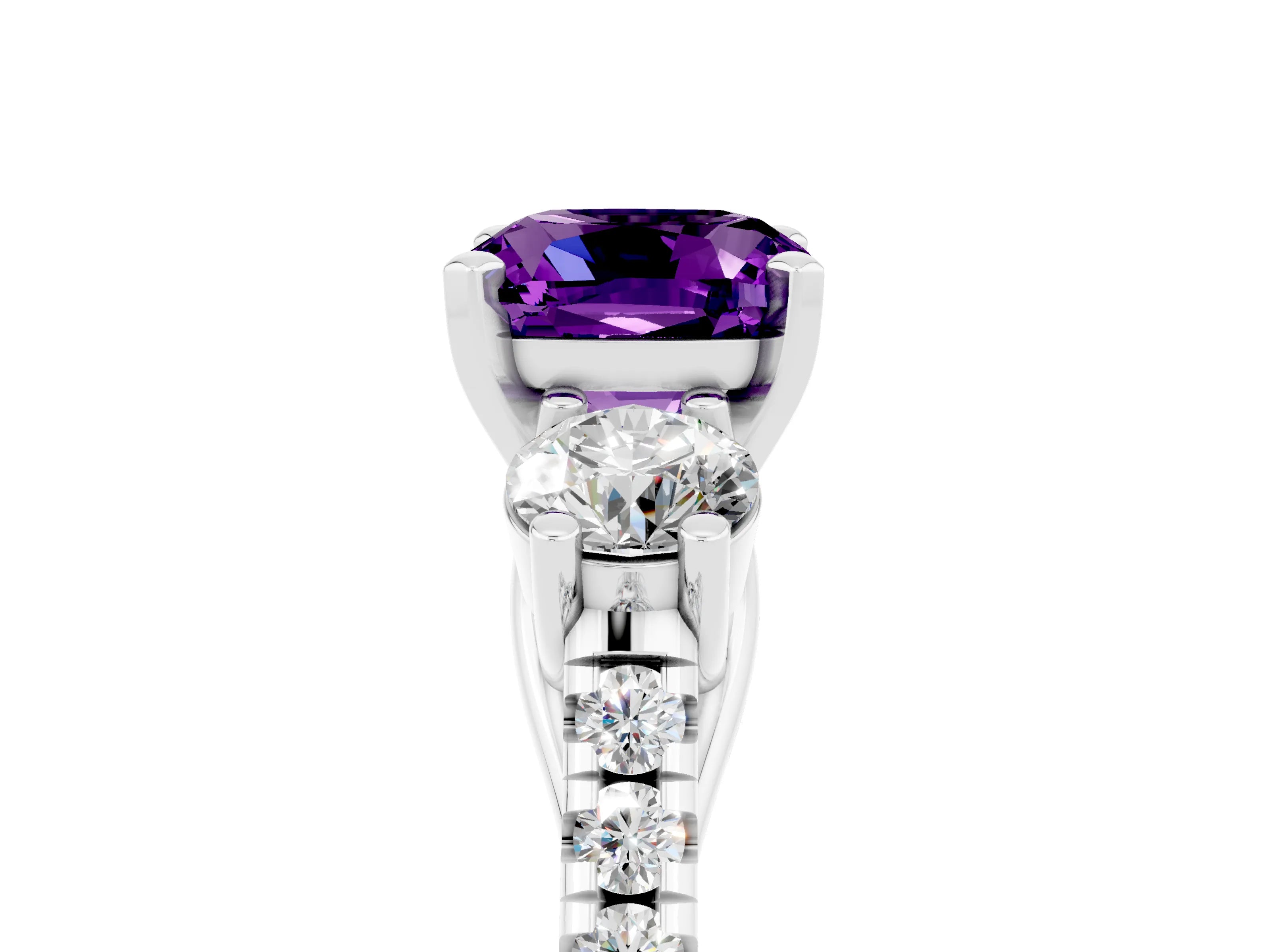 White gold Three-Stone Cushion Cut Amethyst Pavé Band with Four-Prong Setting_5