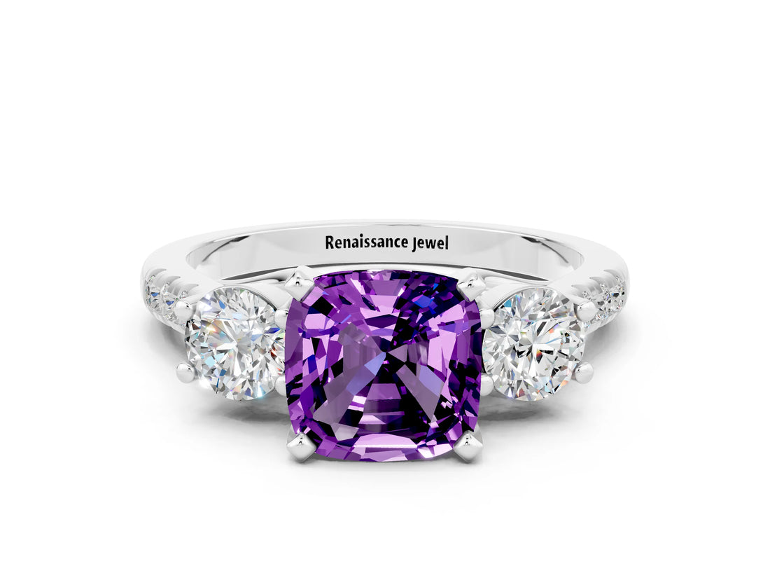 White gold Three-Stone Cushion Cut Amethyst Pavé Band with Four-Prong Setting