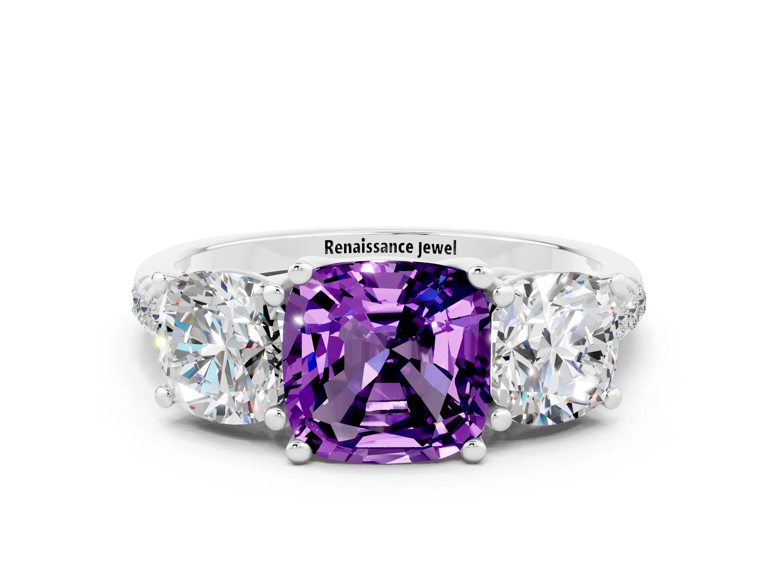 White gold Three-Stone Cushion Cut Amethyst Ring with Pavé Band and Prong Setting_12