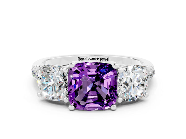 White gold Three-Stone Cushion Cut Amethyst Ring with Round  Pavé Band and Prong Setting
