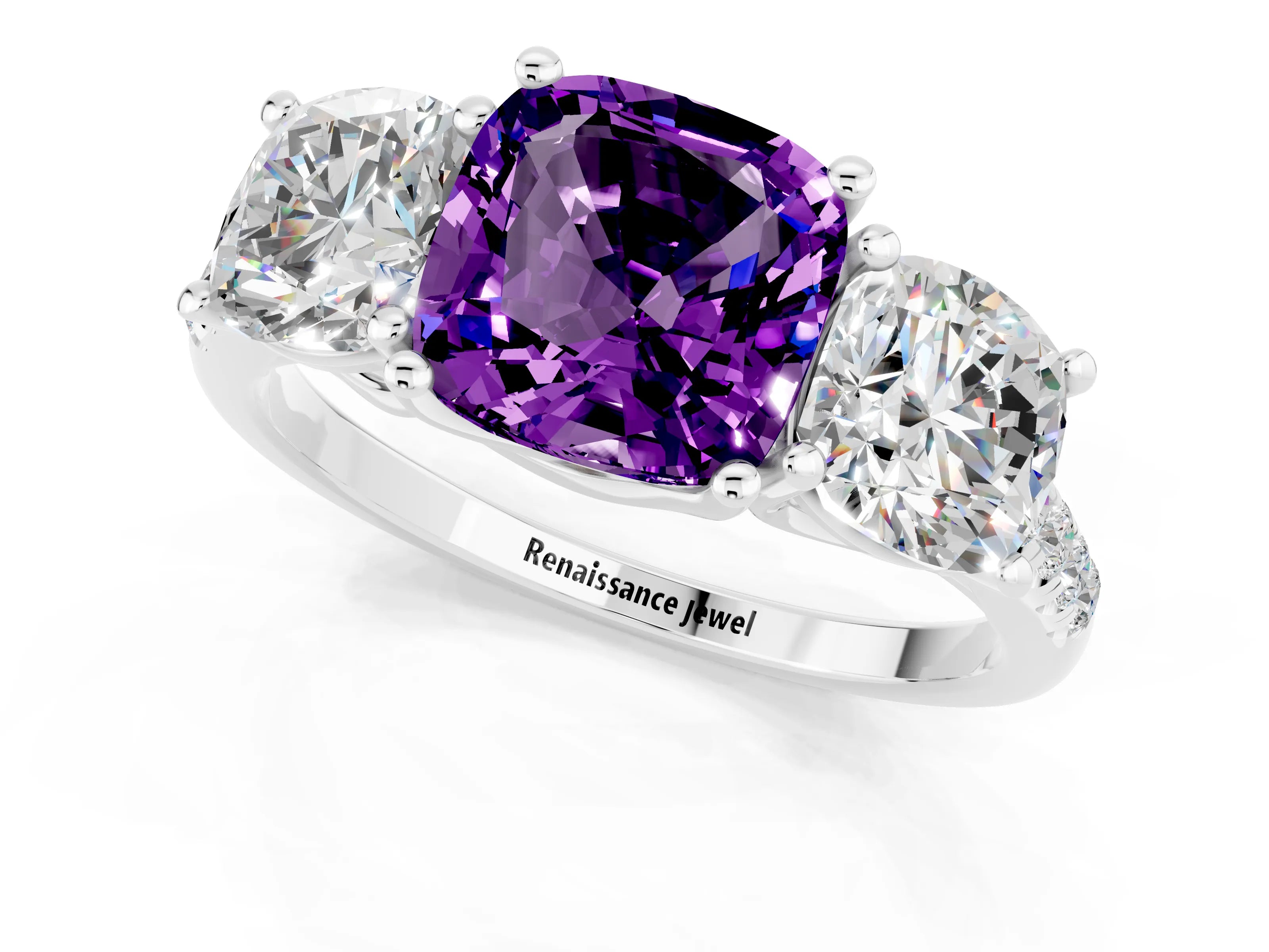 White gold Three-Stone Cushion Cut Amethyst Ring with Pavé Band and Prong Setting_13