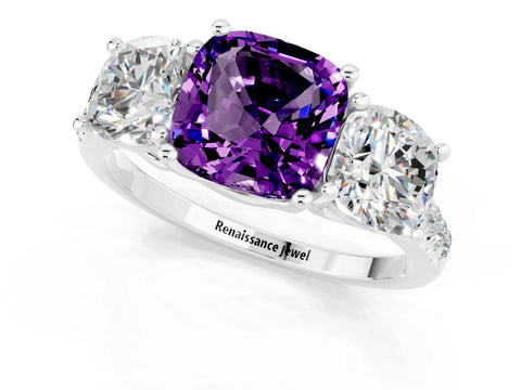 White gold Three-Stone Cushion Cut Amethyst Ring with Pavé Band and Prong Setting_13