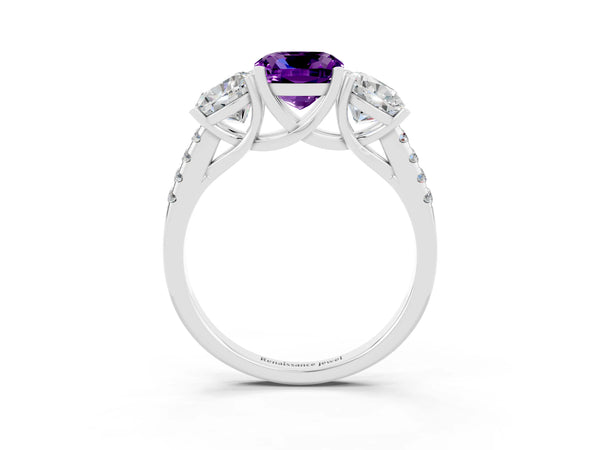 White gold Three-Stone Cushion Cut Amethyst Ring with Round  Pavé Band and Prong Setting