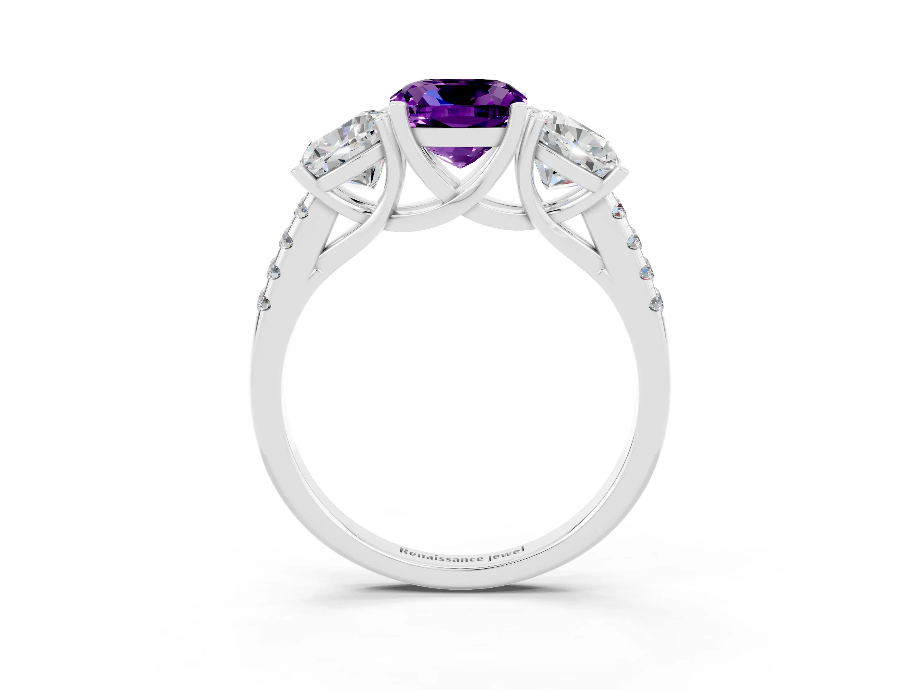 White gold Three-Stone Cushion Cut Amethyst Ring with Pavé Band and Prong Setting_15