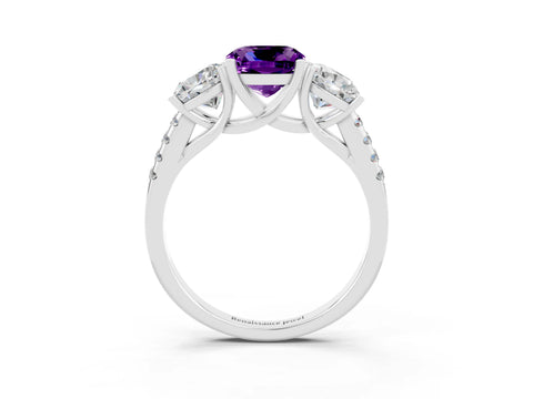 White gold Three-Stone Cushion Cut Amethyst Ring with Pavé Band and Prong Setting_15