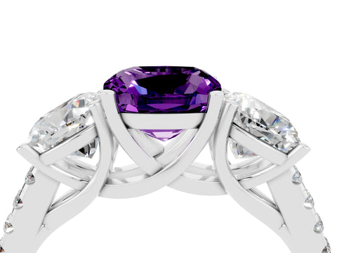 White gold Three-Stone Cushion Cut Amethyst Ring with Pavé Band and Prong Setting_16
