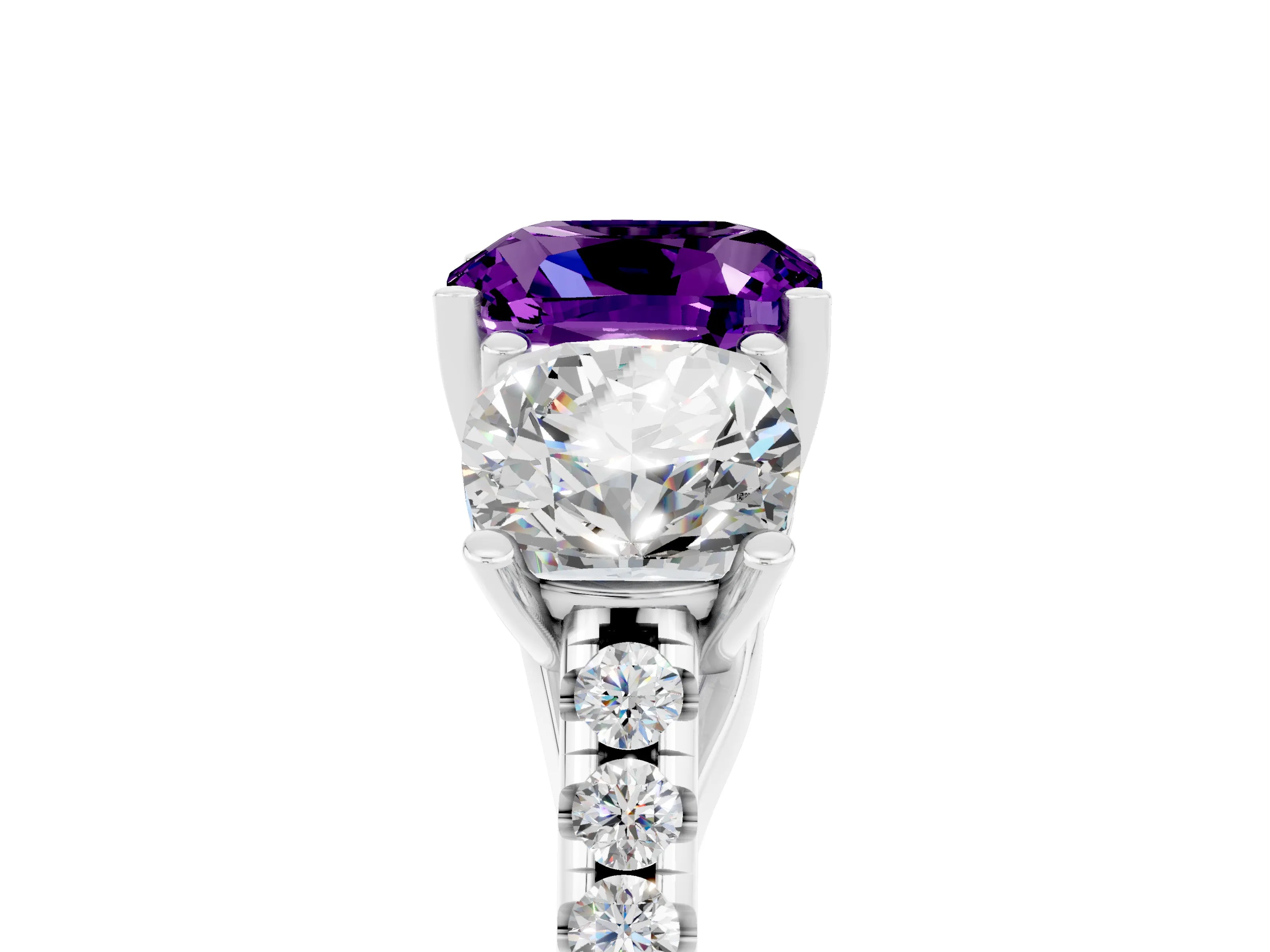 White gold Three-Stone Cushion Cut Amethyst Ring with Pavé Band and Prong Setting_17