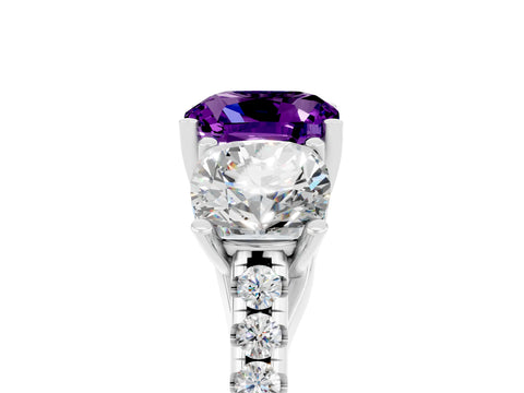 White gold Three-Stone Cushion Cut Amethyst Ring with Pavé Band and Prong Setting_17