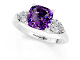 White gold Three-Stone Cushion Cut Amethyst Ring with Pear Side Stones and Four-Prong Setting_1