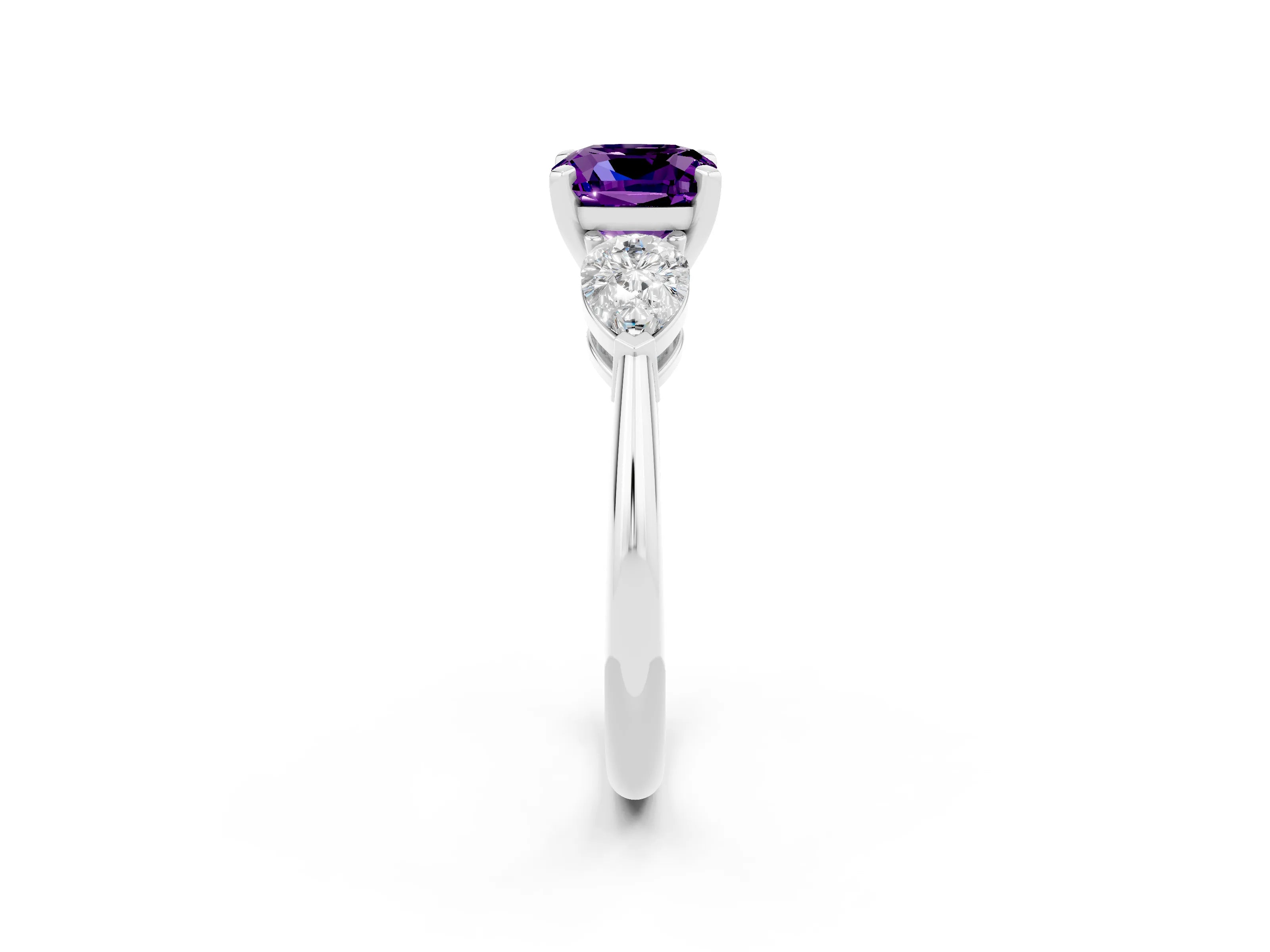 White gold Three-Stone Cushion Cut Amethyst Ring with Pear Side Stones and Four-Prong Setting_2